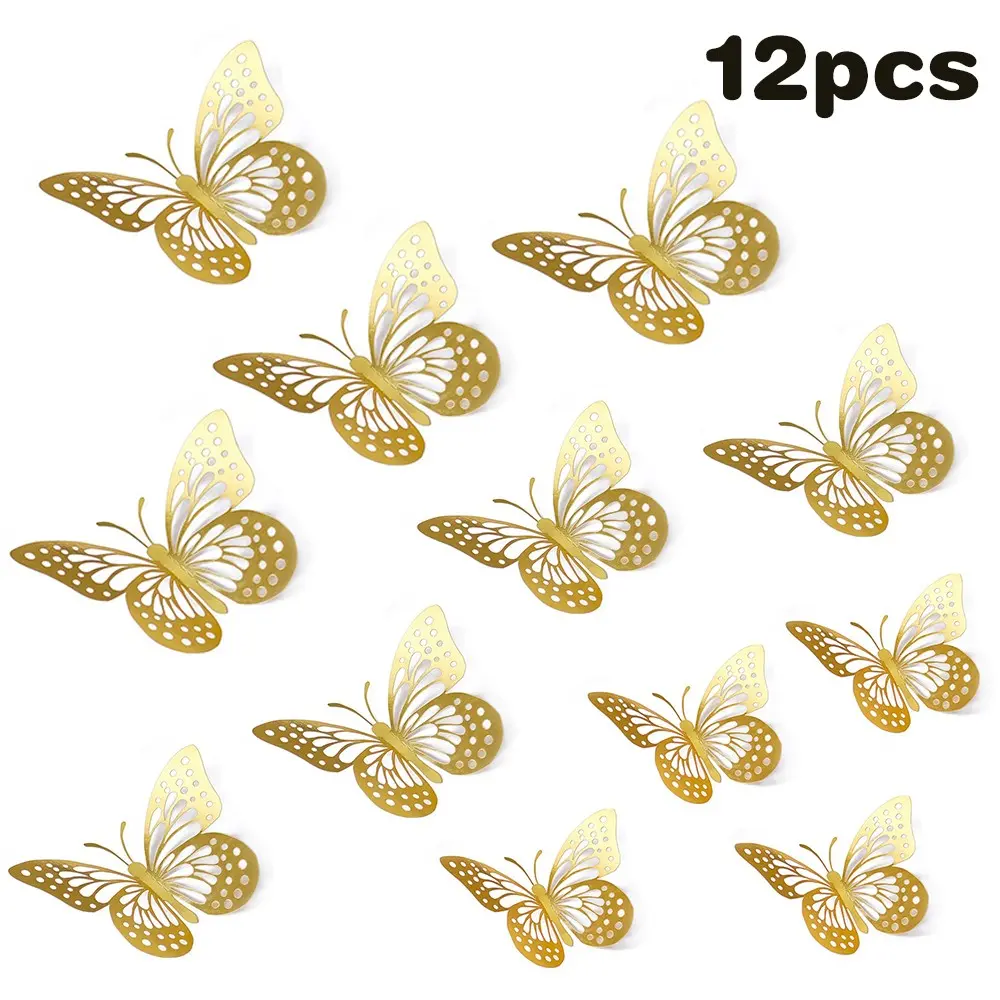 12-Pack 3D Butterfly Decorations, 3 Sizes & 4 Styles with Cutout Golden Design for Wall, Flower Arrangements, Wedding, Birthday Party & Home Decor, Decor for Weddings, Festive Home Decoration, Home Decor Ornament, Ornaments Decor
