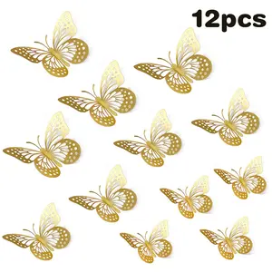 12-Pack 3D Butterfly Decorations, 3 Sizes & 4 Styles with Cutout Golden Design for Wall, Flower Arrangements, Wedding, Birthday Party & Home Decor, Home Decor Ornament