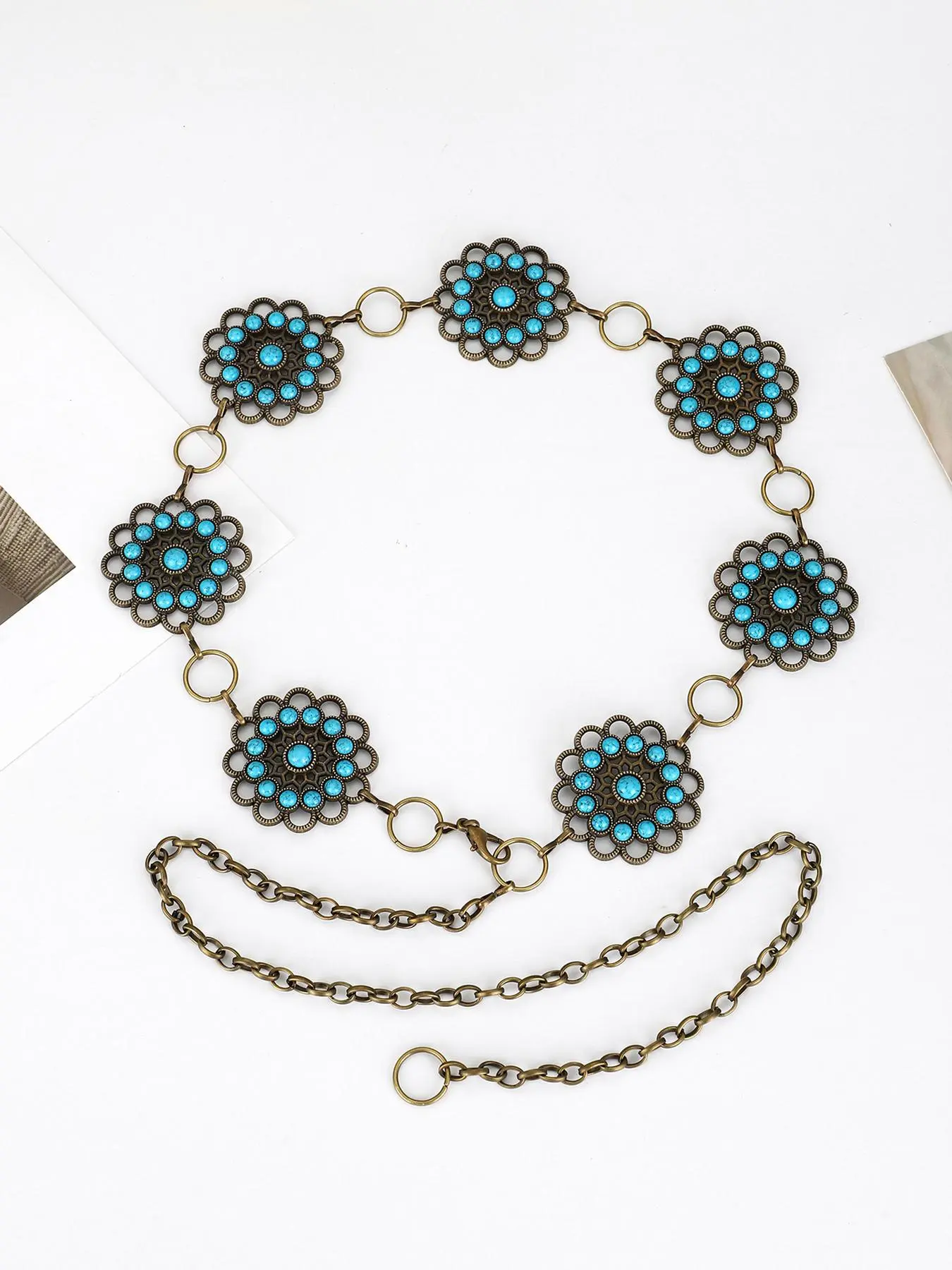 Boho Style Turquoise Textured Bead Decor Chain Belt, Vintage Style Chain Belt for Women, Fashion Accessories for Daily Wear, Statement Belts, Decorative Belt, Exquisite Belt