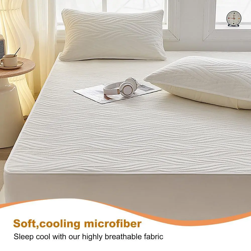 King Size Bamboo Fabric Waterproof Mattress Protector Smooth Soft Solid Color Mattress Cover DustProof Non-Slip Fitted Elastic Spring Bed Sheet Embroider Pillowcase Deep Pocket Mattress Pad for Bedroom Hotel