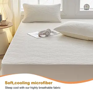 King Size Bamboo Fabric Waterproof Mattress Protector Smooth Soft Solid Color Mattress Cover DustProof Non-Slip Fitted Elastic Spring Bed Sheet Embroider Pillowcase Deep Pocket Mattress Pad for Bedroom Hotel