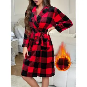Women'S Elegant Plaid Flannel Robe - Thickened Warm Long Sleeve with Belted Waist, Red & Black Checkered Pattern, Perfect for Fall/Winter Home Wear, Cozy Loungewear |   Checkered Pattern Robe | Soft Texture Robe, Housecoat For Women
