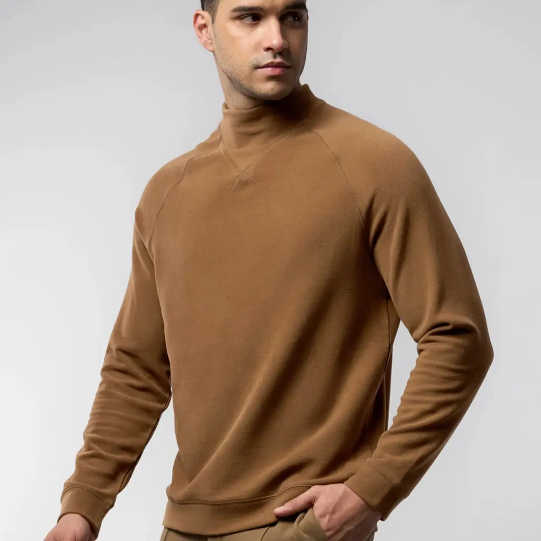 Fioboc Men's Thermal Mock Neck Sweatshirt Slim Fit Winter Base Layer Ultra Soft Plush Fleece Casual Brown