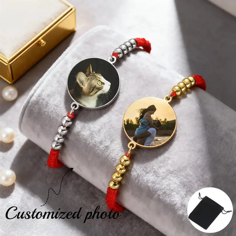 Customized photo picture bracelet stainless steel fashion personalized photo woven rope adjustable bracelet couple family gift