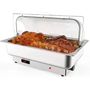 Electric Chafing Dishes Adjustable Temp Roll Top Food Warmer with 2 x 4.5 QT Size Pans, Stainless Steel Buffet Servers and Warmers, Temp Display Food Warmer Transparent Lid Chafers for Parties