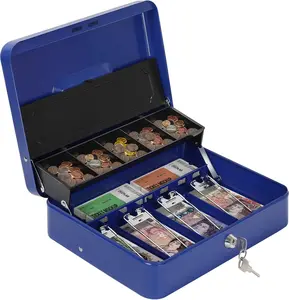 Lockable Metal Cash Box - Portable Large Double-Layer Money Security Box with Fixed Coin Tray, 2 Keys, 11.8x9.4x3.5in, Blue (for Office Petty Cash Handling)