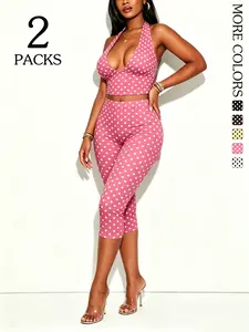 2 Pack Women's Polka Dot Halter Neck Top & Capris Set, Baddie Style 2 Piece Outfits, Slim Fit Crop Top & High Waist Cropped Leggings, Strawberry Milkshake Aesthetic for Summer, Beach & Festival Outfits, Comfy Streetwear