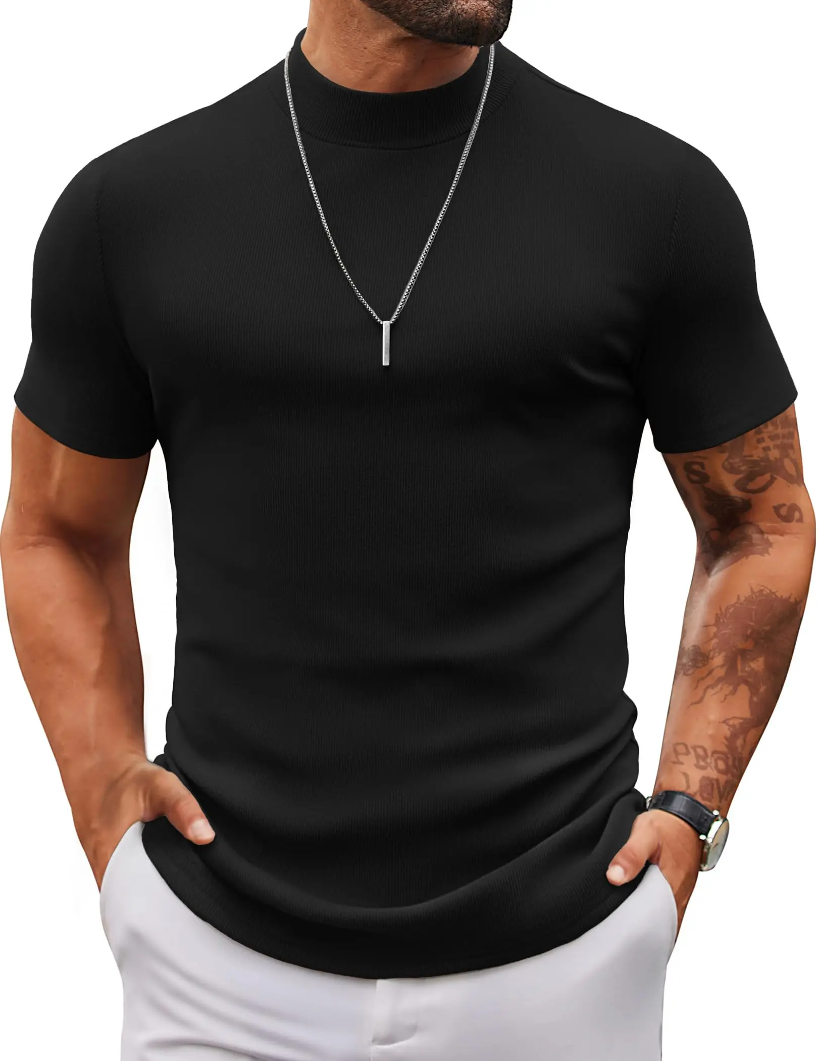 COOFANDY Mens Mock Turtleneck Spandex Fabric Plush Knit Short Sleeve Slim Fit Pullover, Menswear Casual Basic Tshirt Ribbed Tops, Classic, Comfy