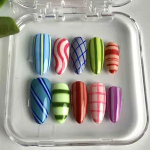Handmade Colorful Stripe & Plaid Press On Nails: Glossy Almond Shape