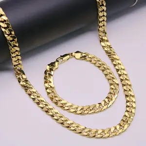 2PC Premium Quality 14K Stamped High-End Gold Brass Miami Cuban 10mm 9"(Bracelet) & 24" Chain Necklace Jewelry Accessory Set