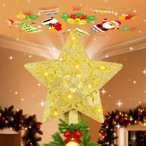 Christmas Tree Topper with Built-in 360° LED Rotating Projector 3D Hollow Sparkling Gold Star 3m Plug In Xmas Tree Top Decor for Indoor Office Party Holiday Home Ornament