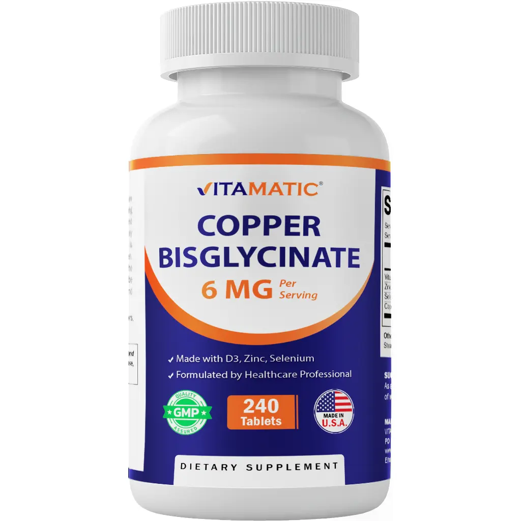 Vitamatic Copper Bisglycinate Dietary Supplement - 6 mg Copper, 2000 IU Vitamin D3, 50 mg Zinc, 50 mcg Selenium - 240 Tablets - Essential Immunity Support & Selfcare Nutrients - GMO, Gluten, Lactose-Free