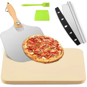 Pizza Stone 5 count Set, 15 x 12" Large Rectangle Pizza Stone Set for Oven and Grill with Metal Pizza Peels &  Rocker, 0.6'' Thickened Stone Pizza Pan, Baking Stone for Pizza, Bread