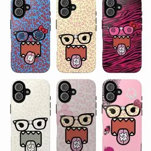 Cartoon Face Phone Case Set, Domo Phone Case spiral glasses leopard zebra bow headphones heart gear tongue pink yellow blue white vibes, baddie aesthetic gift play now, iPhone 17 16 15 14 13 12 Pro Max Plus