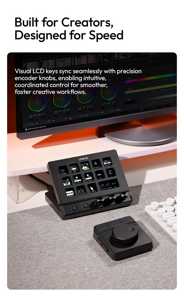 ULANZI D200X Stream Controller with 3 Knobs, 14 Customizable LCD Keys Macro Keyboard, 8-in-1 USB-C Hub Docking Station with 4K HDMI Content Creator Equipment for OBS/Video Editing/Photography/PC