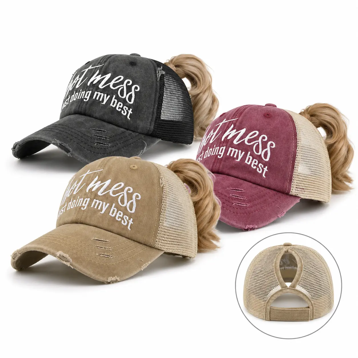 Women's Hot Mess Just Doing My Best Ponytail Mesh Baseball Cap Distressed Trucker Hat High Ponytail Opening