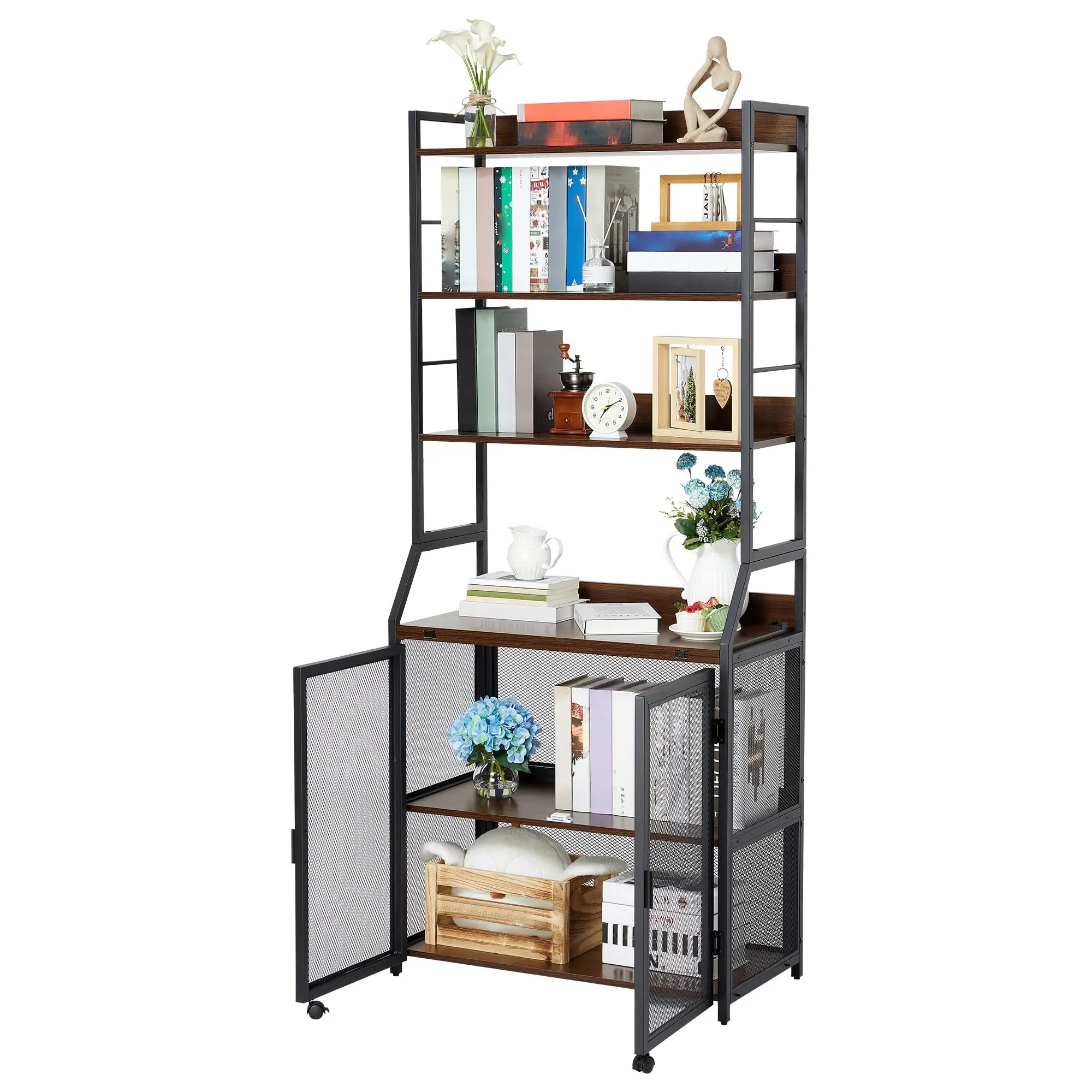 Garvee 2-in-1 Industrial Metal and Wood Bookshelf with Integrated Desk, Offering Space-Saving Storage and Workspace Solutions for Home Office, Study, and Living Areas
