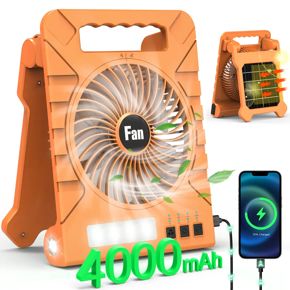 Solar Camping fan portable with LED light , Rechargeable, 4-Speed, Timer, Cordless, Hanging Hook for Outdoor, Travel, Hiking, Beach, Tent, Home Use