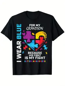 Grandma Grandpa I Wear Blue For My Grandson Autism Awareness T-Shirt for Men Women, Soft Fabric, Breathable, Comfortable Short Sleeve Tees, Perfect for Gift