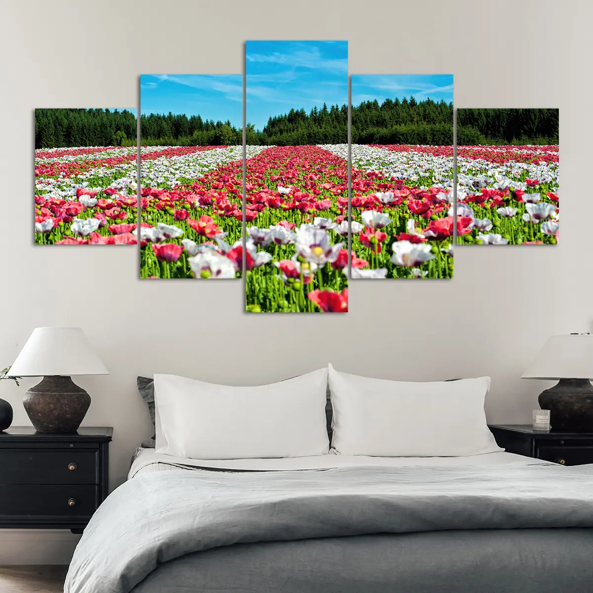 5 Counts Unframed Canvas Poster, Red And White Poppy Field, Exquisite Poster, Perfect Living Room Decoration, Modern Art, Fashion Family Poster, Wall Art Decoration, High Definition, Waterproof, Artwork