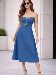 Women's Strapless Denim Blue Dress