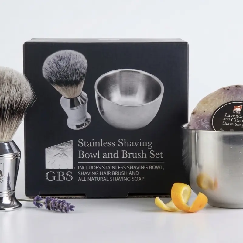 G.B.S Men's 3-Piece Wet Shaving Gift Set with Stainless Steel Handle Brush, Stainless Steel Soap Bowl, Natural Shaving Soap and Aftershave for Grooming