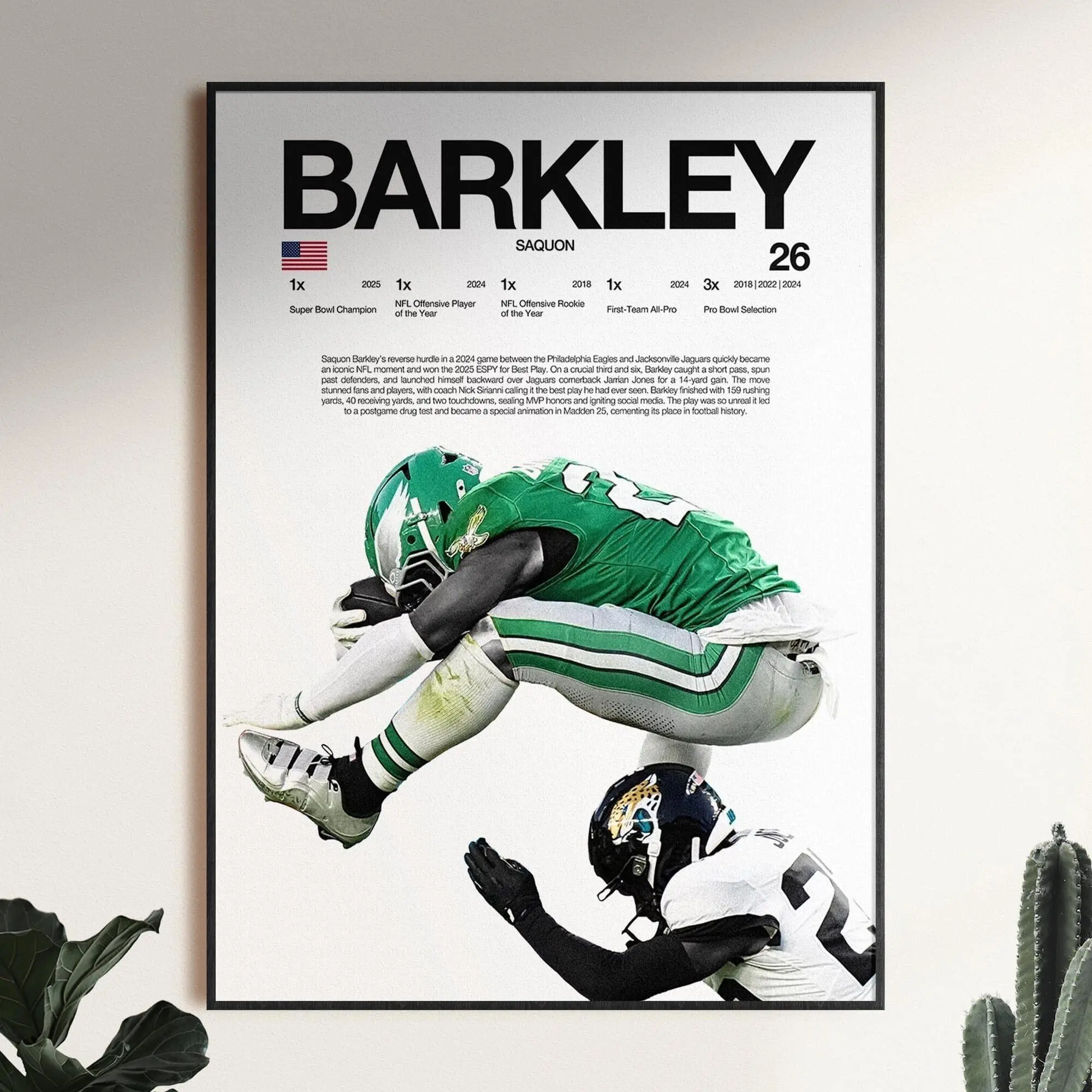Saquon Barkley hurdle Poster, Football Wall Print, Sport Decor, Philadelphia Eagles Poster( Unframed - Print Only )