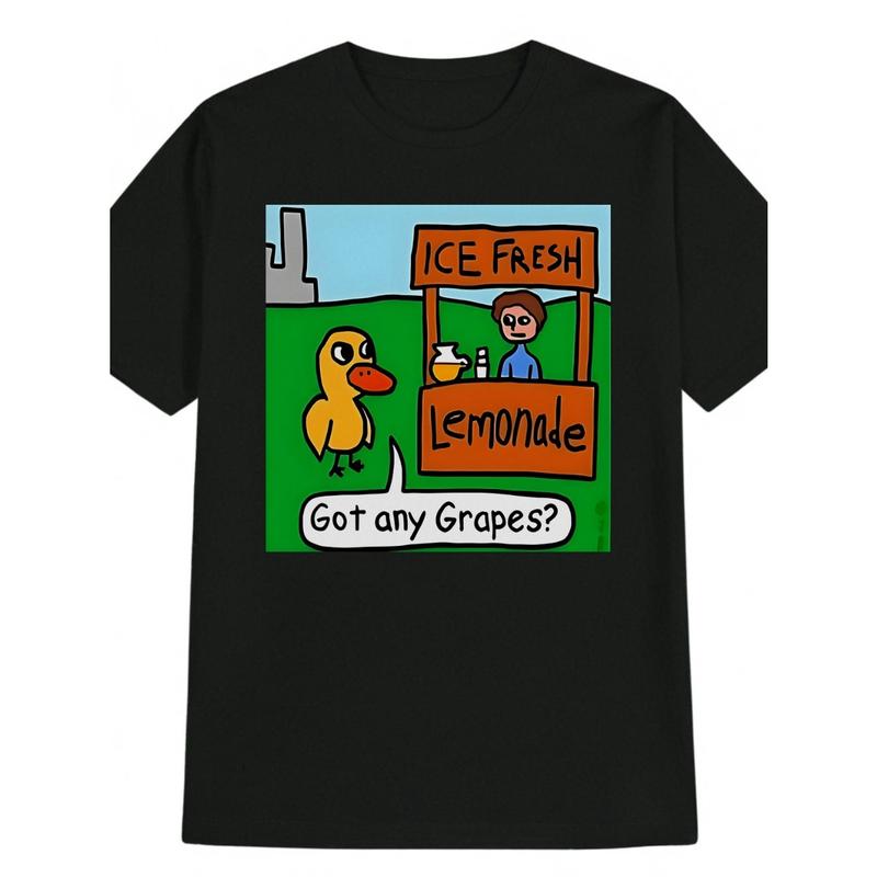 Men's playful summer lemonade stand with a humorous duck asking for grapes Graphic T-Shirt - 100% Cotton Black Short Sleeve Crew Neck Regular Fit Casual Wear | Soft & Breathable Fabric, Durable Print, Everyday Comfort, Machine Washable, cartoon a cartoon