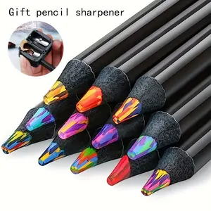 6/12 Rainbow Gradient Magic Pens with 1 Pencil Sharpener - Vibrant Doodling and Drawing Markers, Kawaii Writing and Art Supplies, with Pencil Sharpener, Wooden Material, Perfect for Artists and DIY Lovers, Flat-Head Pencils