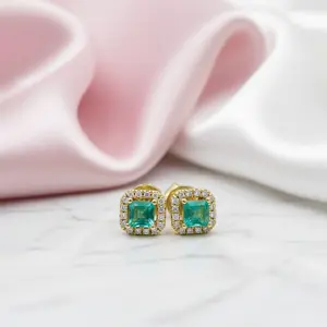 14k Yellow Gold Emerald with Diamond Option Halo Stud Earrings