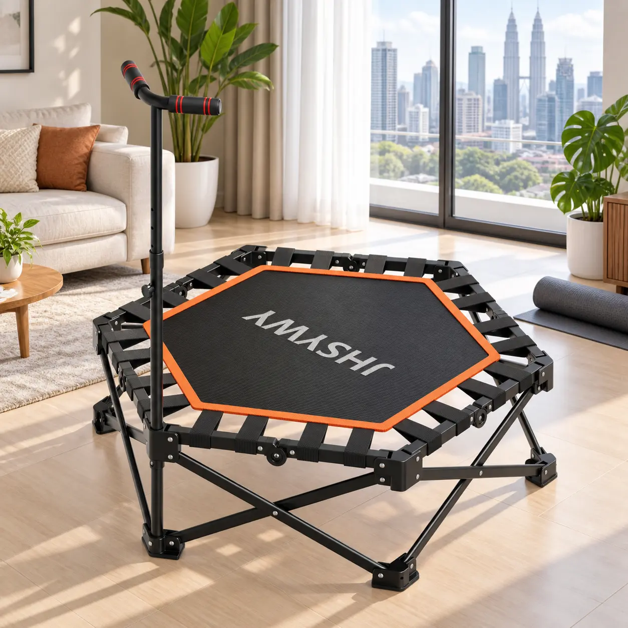 40 inch Folding Fitness Trampoline - 600 LBS Tested, Bungee Cords/Springs, Adjustable U-Bar Handle, Stable Quiet Indoor/Outdoor Training Equipment, Workout Equipment Home Gym Kit