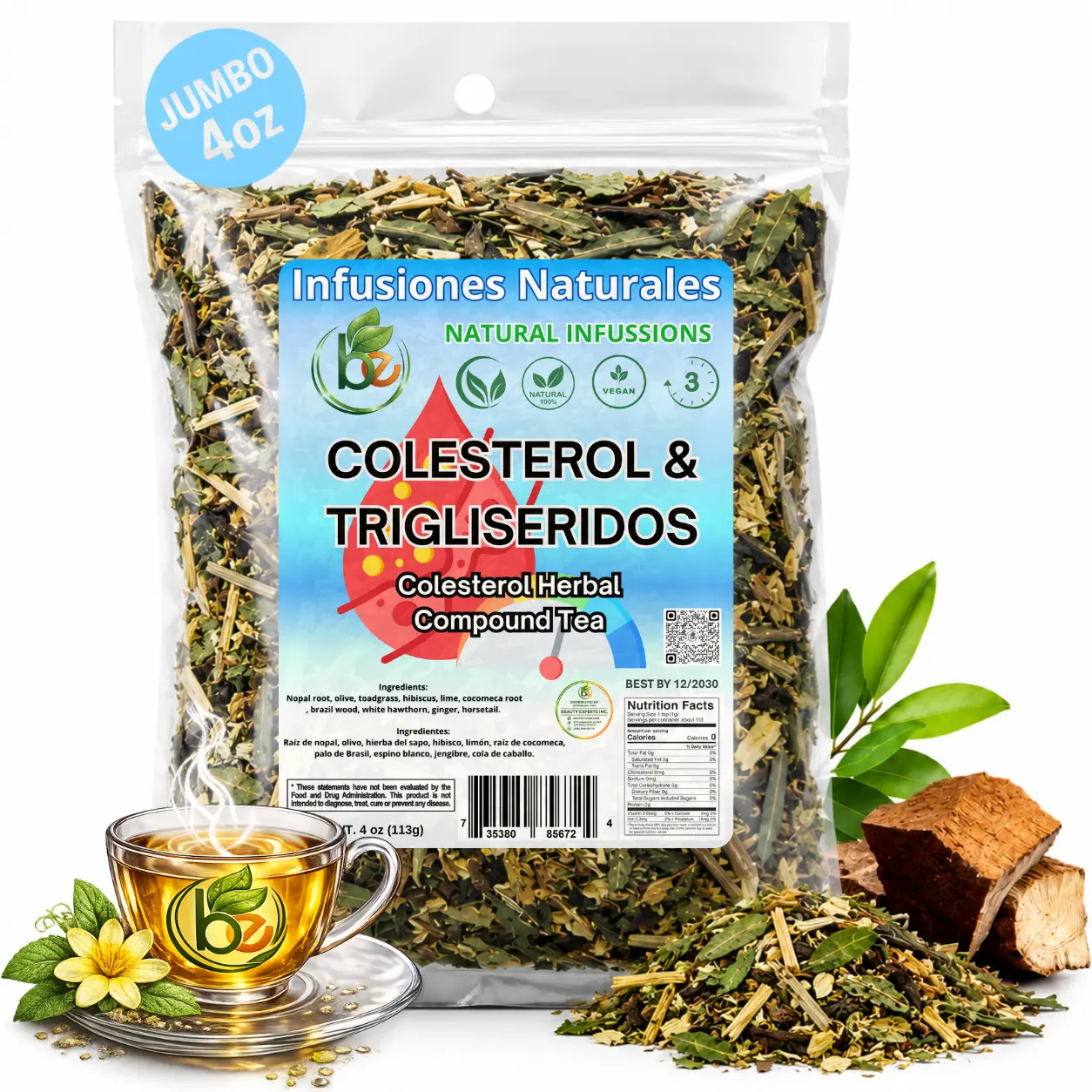 8-Hierbas ColesterolTraditional Botanical Tea Blend – 4 oz (113g) Loose Herbal Infusion with Nopal Root, Olive Leaf, Hibiscus, Cocomeca, Brazilwood, Hawthorn, Ginger & Horsetail – Caffeine-Free – by BEXPERTSUSA