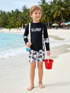 Two-piece boys' blue and pink gradient coconut tree print long-sleeve sun-protective beach swimwear set, made from quick-drying, breathable fabric—perfect for active play at the beach or pool Swimsuit Sets