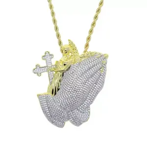 2297 Bling Bling Cloud & Angel Cross Praying Hands Pendant | Iced Out Statement Piece | Perfect For Hip Hop Daily Wear & Party Looks customizable with engraved letters, logos or patterns Complimentary shipping