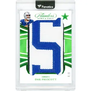 Dak Prescott Dallas Cowboys 2025 Panini Flawless Emerald Down & Dirty Name Plate "S" Game Used 2 Color Relic #50 #4/8 Card - Fanatics Authentic Certified