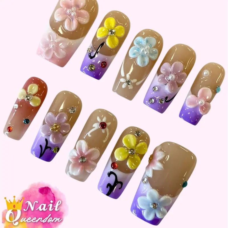 Nail Queendom [PURPLE DAYDREAM] Handcrafted 3D Press-On Nails Reusables Long Lasting Salon Quality Easy Application 10 Pieces Set Eco-Friendly 3D-gel Finish