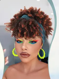 Afro Headband Wig Kinky Curly Headband Wig with Bangs Ombre Afro Puff Wigs for Women Brown High Puff With Bangs Wrap Synthetic Half Wigs