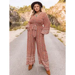 Plus Size Printed V-Neck Tie Front Balloon Sleeve Jumpsuit