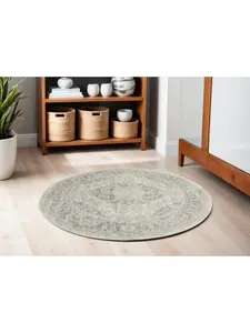 212 MAIN 5 ft. Distressed Round Indoor Rug - Floral Medallion, Ivory & Gray, Powerloomed, Stainproof, Transitional, Worn Fade Resistant, Machine-Made for Indoor Use