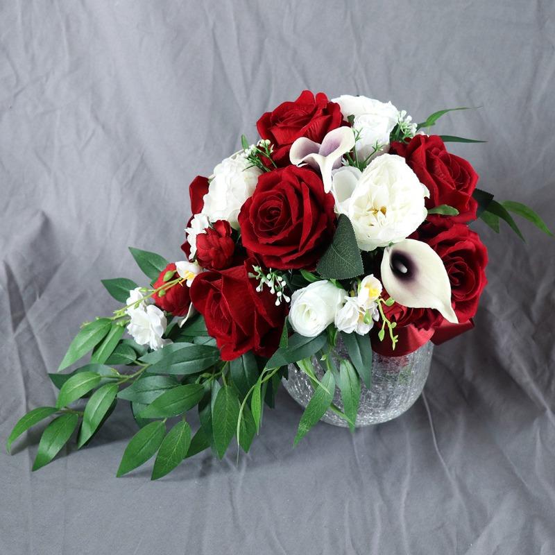Bridal Calla Lily Rose Bouquet, White Burgundy Artificial Flowers, Teardrop Floral Arrangement for Wedding Anniversary Decor