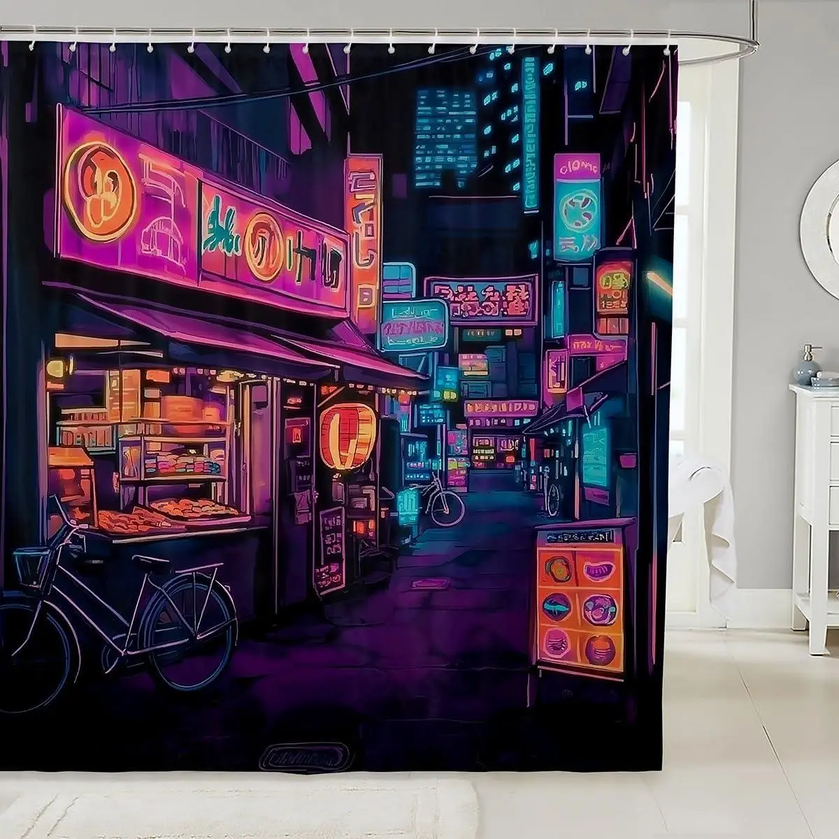 Japan Art Bathroom Shower Curtain Set 7 L x 7 W Tokyo Anime Shower Curtain for Boys Girls Japanese Night City Bath Curtain Kids Bathroom Accessories