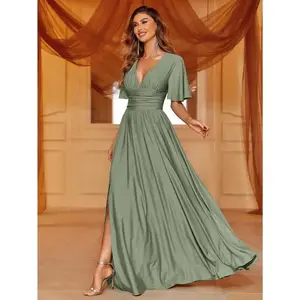 Sophisticated V-Neck Maxi Dress With Flutter Sleeves, Cinched Waist & Thigh Slit – Summer Formal Wear For Galas, Upscale Dinners, Evening Events