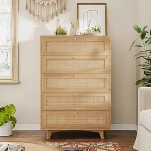 Sikaic Rattan Dresser for Bedroom, 5 Drawer Dresser with Natural Rattan Drawers, Wooden Tall Cabinet with Gold Handles, Modern Closet Storage Chest of Drawers for Nursery Entryway Living Room