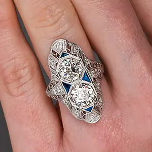 Geometric inlaid zircon ring, high-end banquet fashion single ring