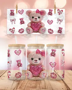 Valentine's Day - Rhinestone - Teddy Bear #2 UVDTF Sticker Wrap For 16 oz Libbey Glass Cup
