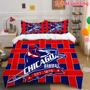 2D Flat 3Pcs Chicago Baseball Sports Theme Duvet Cover - Athletic Red Blue Plaid Design Bedding (1 + 2 Pillowcases, No Insert) Suitable For Bedroom And Dormitory Room Home Decoration.