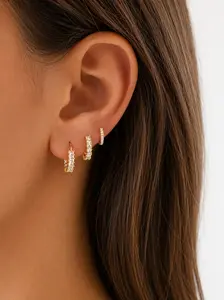 Pancert Gold Metal Coating 3-Piece Earring Set - Reversible Half-Circle C-Shaped, Mini Pave CZ Hoops, Hypoallergenic Premium Metal Earring Stack for Women's Versatile Everyday Wear, Female, Gold Earring Stacks