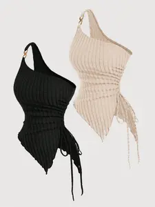 Women's Solid Ruched Asymmetrical Hem Tank Top, Camisole Tops, Casual Fitted Sleeveless, Elegant One Shoulder Drawstring Side Top for Daily Wear, Ladies Clothes for All Seasons