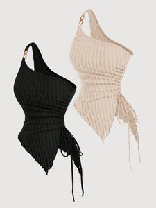 women's solid ruched asymmetrical hem tank top, elegant one shoulder drawstring side top for daily wear, ladies clothes for all seasons, boho chic sleeveless top