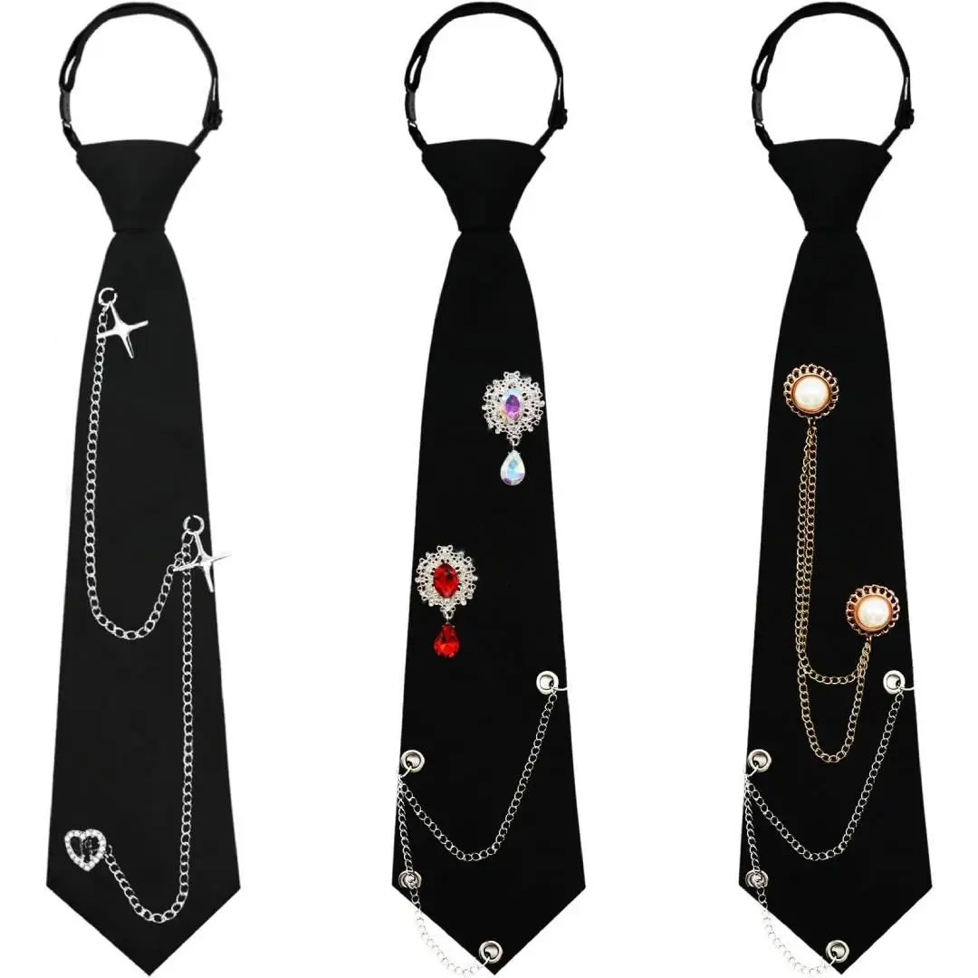 lack Ties for Women – Women’s Tie with Metal Chain, 2.76“ Pre‑Tied Necktie for Girls School Uniform Shirt Accessory  – Pre‑Knotted, Easy Clip‑On, Adjustable Neck Strap – Perfect for School Uniform, Business Attire, Party, Goth, Punk, or Cosplay